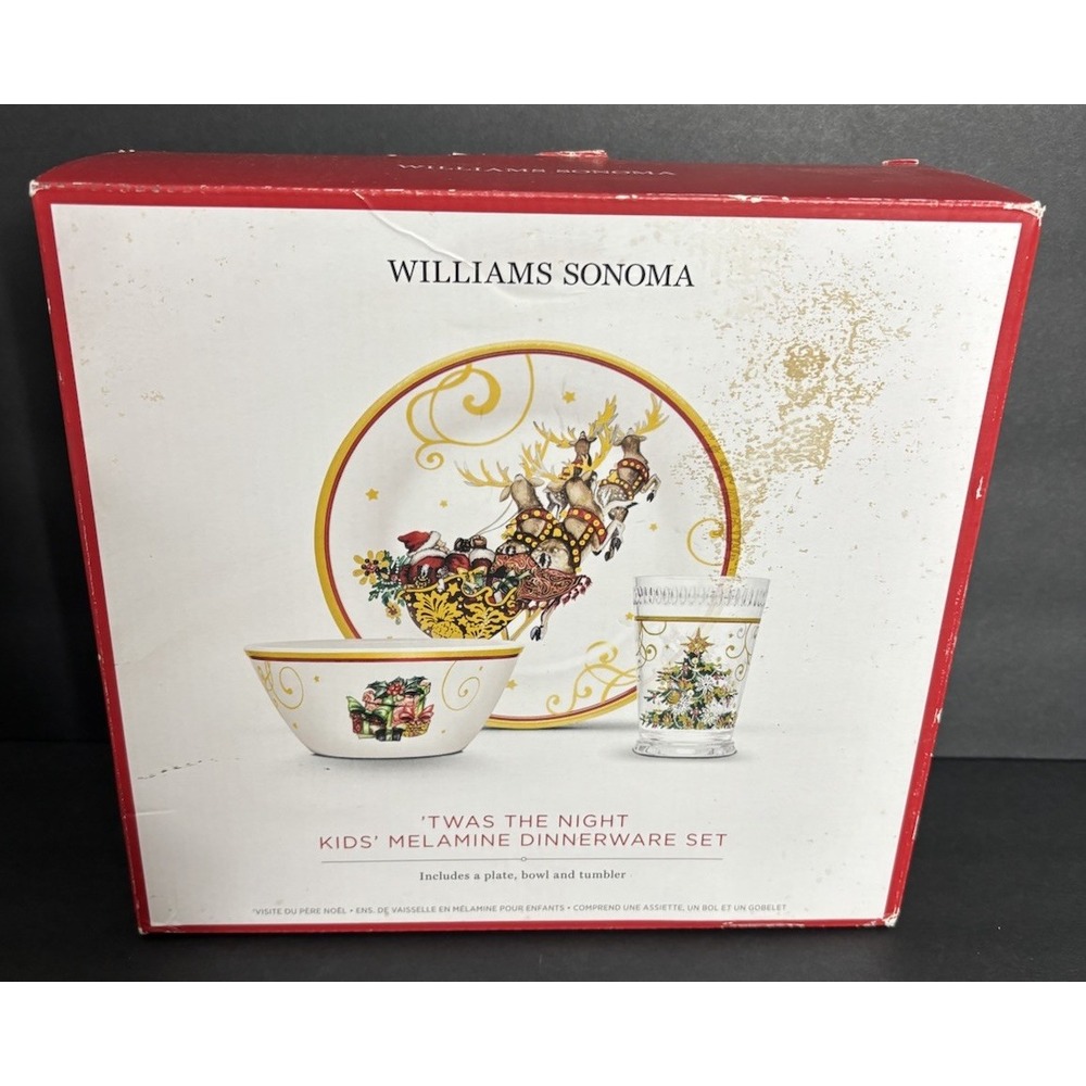 Williams Sonoma Twas the Night Kids 3-Piece Melamine Set Christmas New in Box